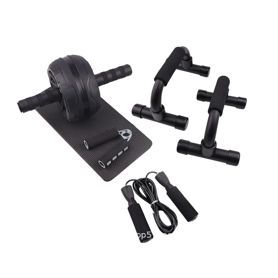 Push-up bar with multiple resistance bands for abdominal and upper body strength training at home.