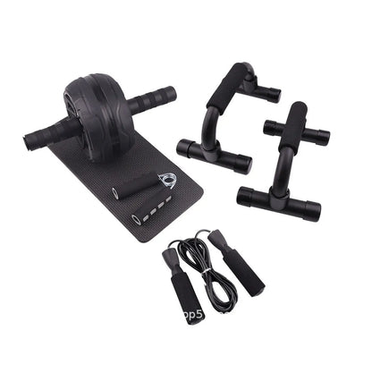 Push-up bar with multiple resistance bands for abdominal and upper body strength training at home.