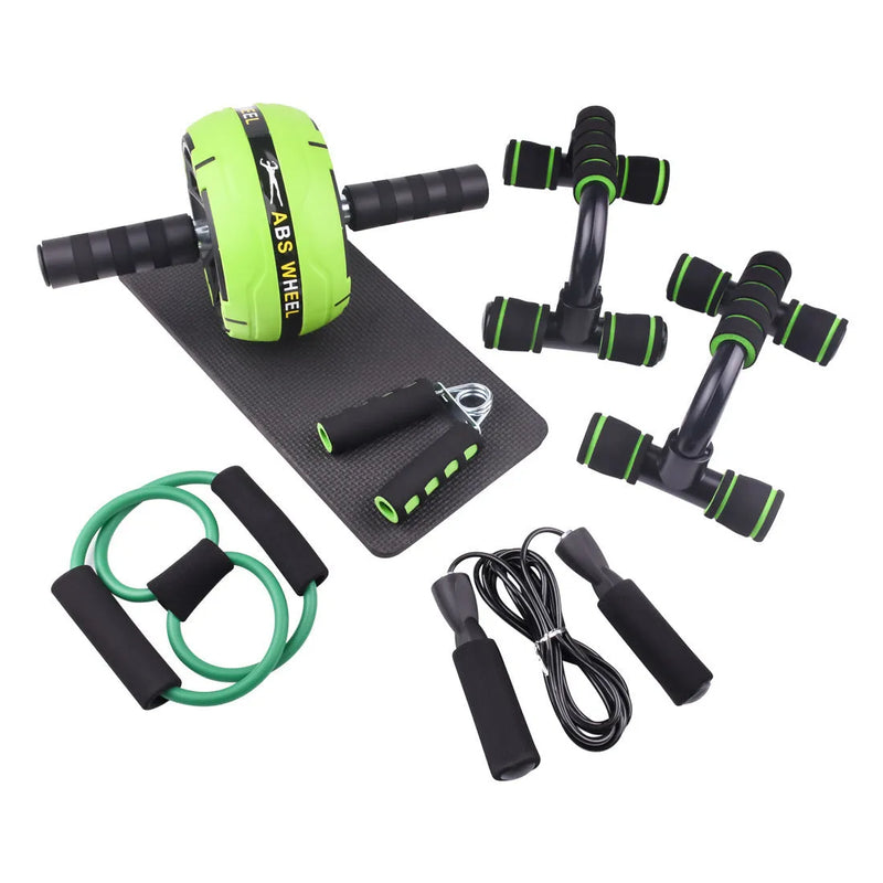 Push-up bar with resistance bands abdominal power trainer set for core muscle workout and upper body fitness training, portable home gym equipment with 6-piece or 7-piece resistance band options in black, blue, green, or red colour choices.