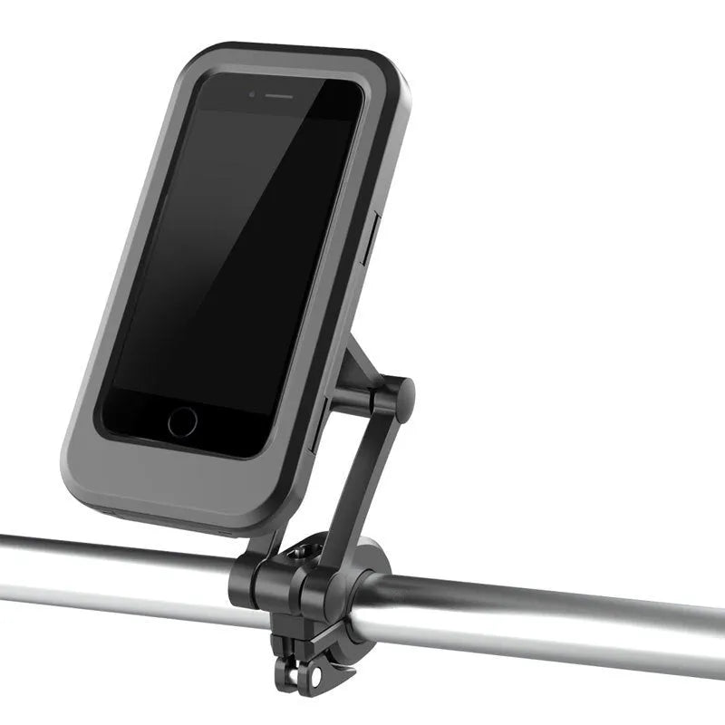 Black adjustable waterproof bicycle handlebar mount holding a mobile phone.
