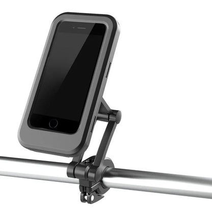 Black adjustable waterproof bicycle handlebar mount holding a mobile phone.