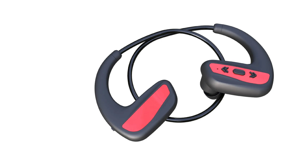 Black and red Bluetooth swimming headset with head-mounted design for waterproof sports training