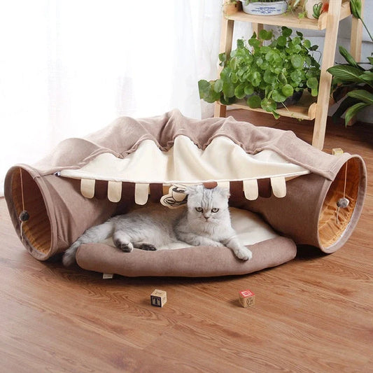 Collapsible cat tunnel with mat for play and rest, available in multiple colours