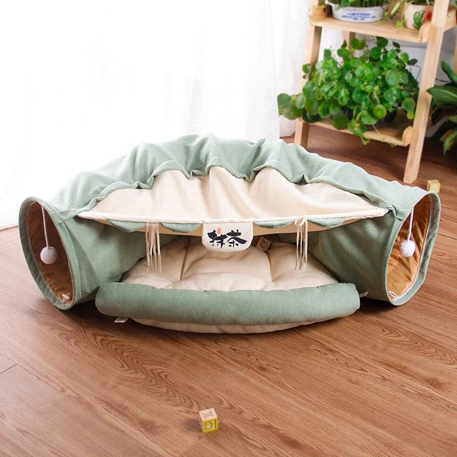 Collapsible cat tunnel with mat for play and rest, available in multiple colours