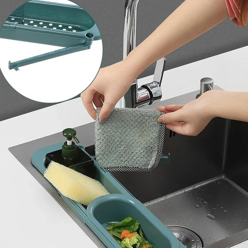 Adjustable sink organiser with drainage rack, versatile storage solution for kitchens