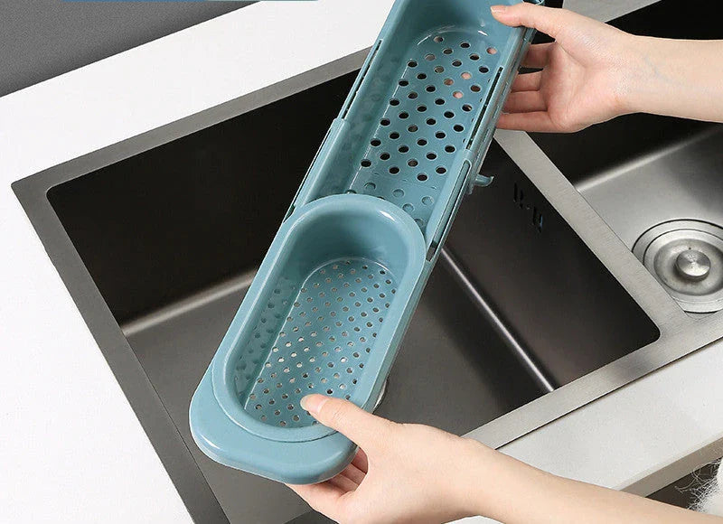 Adjustable sink organiser with drainage rack, versatile storage solution for kitchens