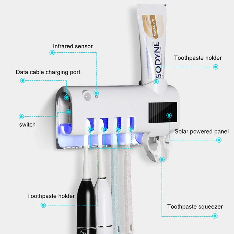 Black wall-mounted UV toothbrush steriliser with automatic toothpaste squeezer showing infrared sensor and solar panel