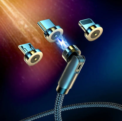 Essager black magnetic USB charging cable with 540-degree rotating connector showing LED light and nylon braiding