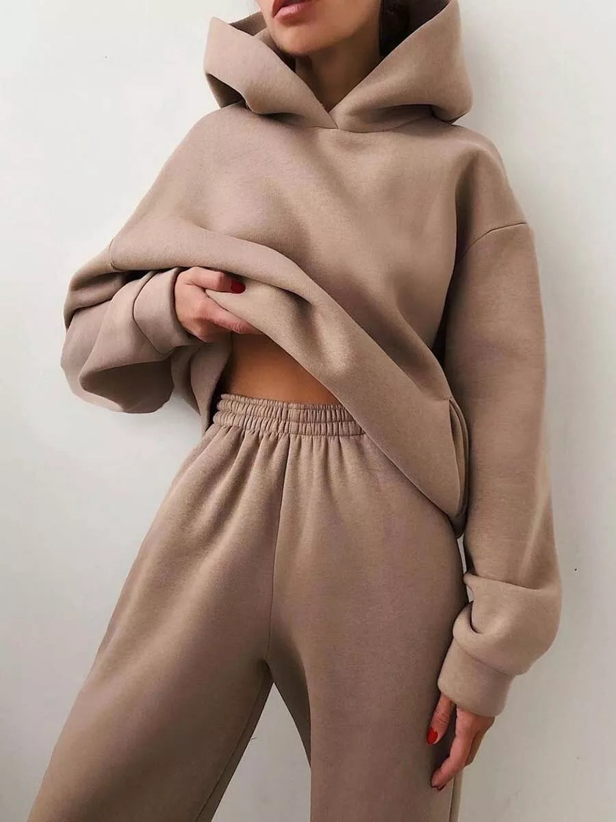 Women's casual hooded sweater two-piece suit in corduroy fabric, available in multiple colours and sizes