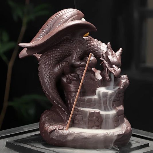 Zisha ceramic incense burner with flying dragon ornament, 11cm long and 15cm high, in New Chinese style for steady smoke