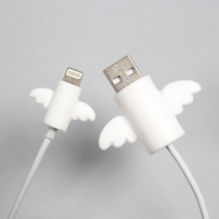 White and black silicone protective covers for mobile phone charging and data cables showing two size options