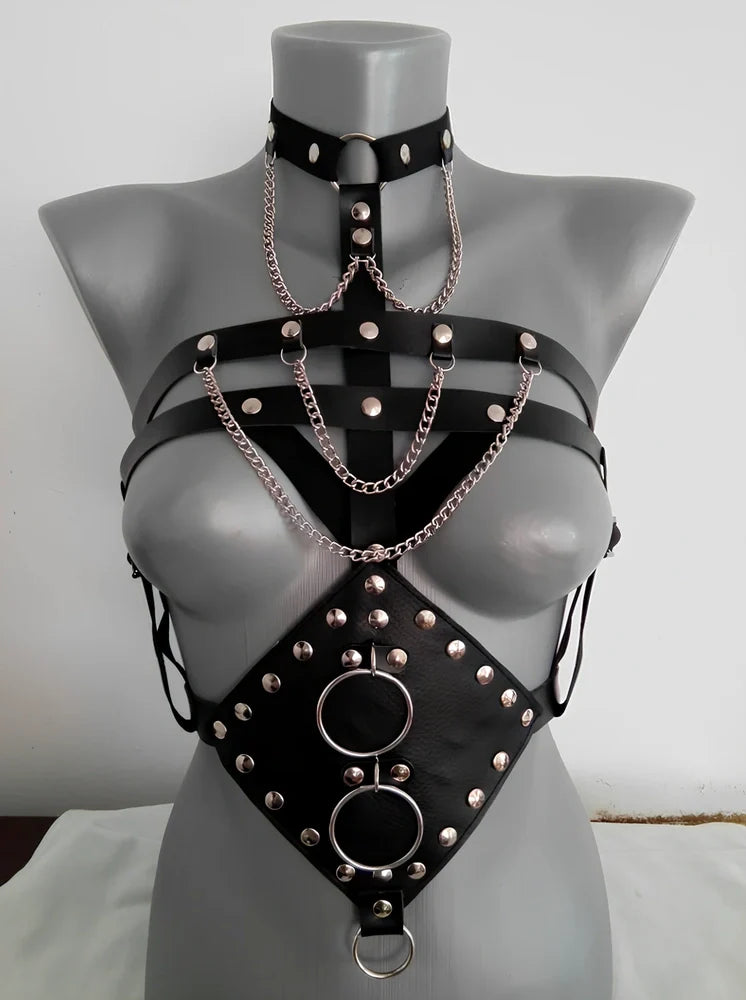 Black PU leather bondage camisole with adjustable straps and open bra design
