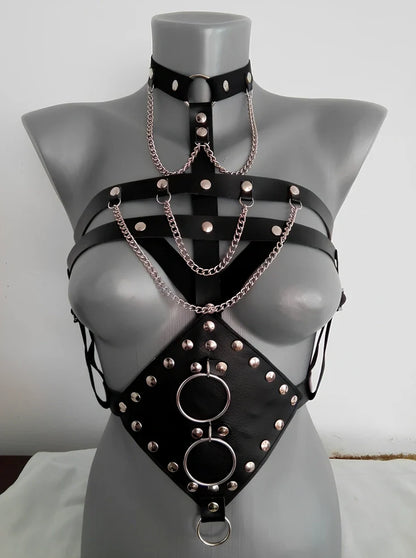 Black PU leather bondage camisole with adjustable straps and open bra design
