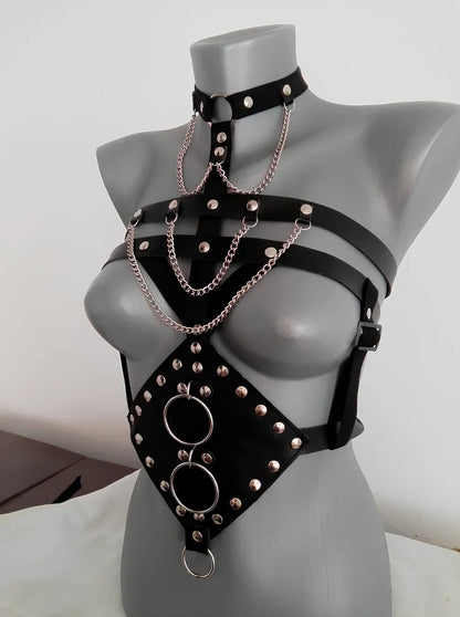 Black PU leather bondage camisole with adjustable straps and open bra design