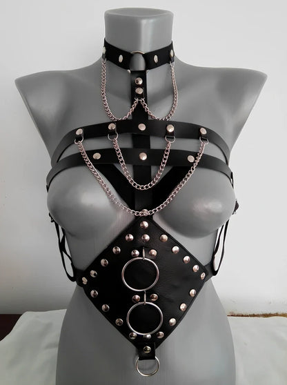 Black PU leather bondage camisole with adjustable straps and open bra design