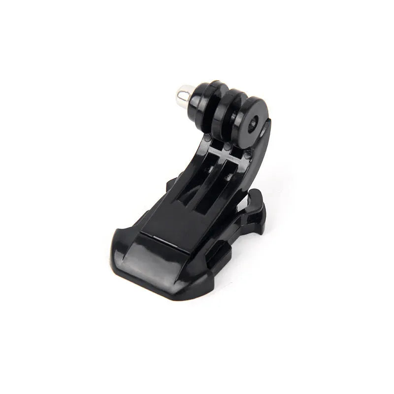 GoPro camera adapter kit showing plastic 1/4-inch screw, selfie stick connector, and J-type mount.