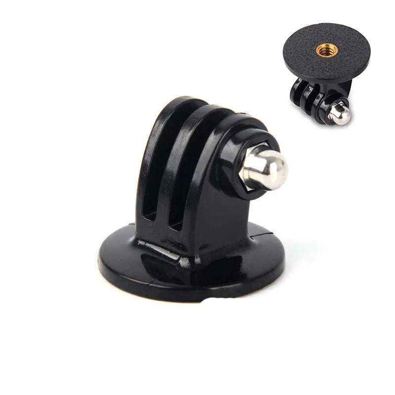 GoPro camera adapter kit showing plastic 1/4-inch screw, selfie stick connector, and J-type mount.