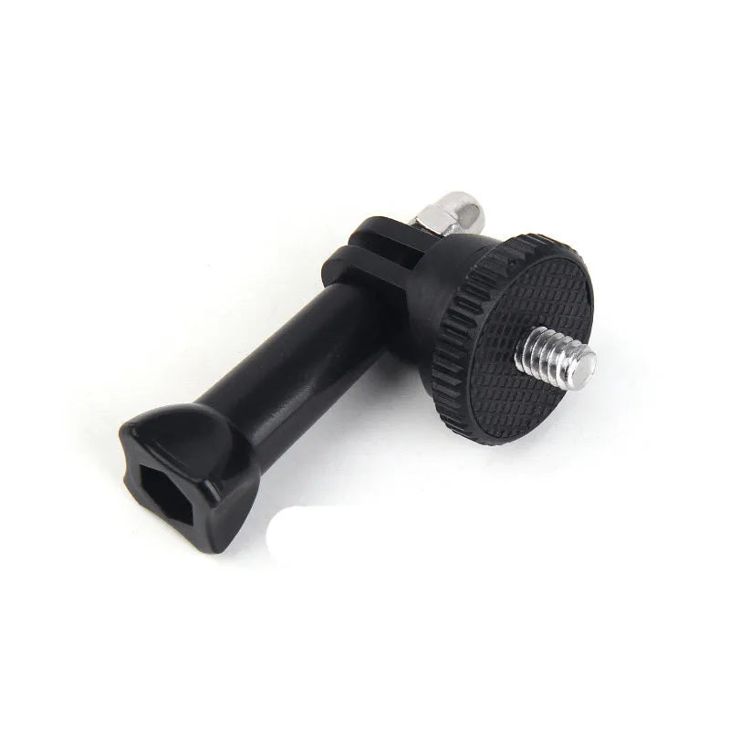 GoPro camera adapter kit showing plastic 1/4-inch screw, selfie stick connector, and J-type mount.