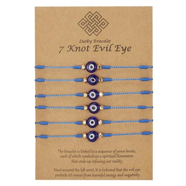 7-knot Evil Eye Bracelet 6 Pack with adjustable braided rope and blue charm
