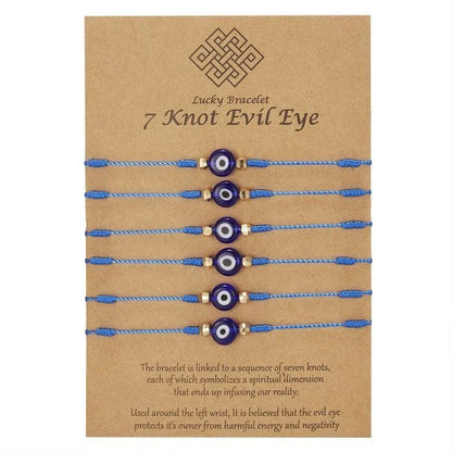 7-knot Evil Eye Bracelet 6 Pack with adjustable braided rope and blue charm