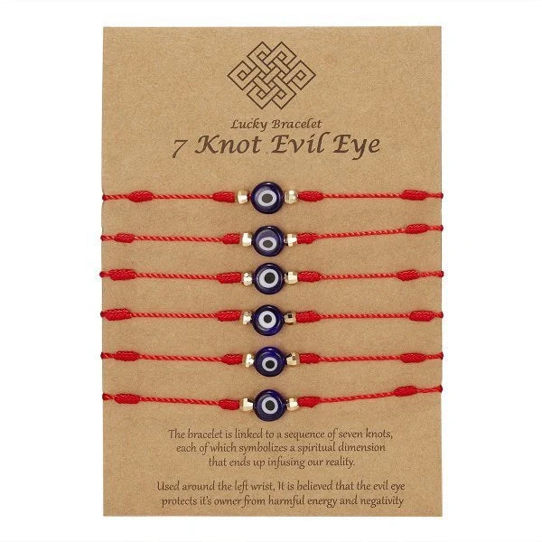 7-knot Evil Eye Bracelet 6 Pack with adjustable braided rope and blue charm