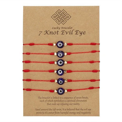 7-knot Evil Eye Bracelet 6 Pack with adjustable braided rope and blue charm
