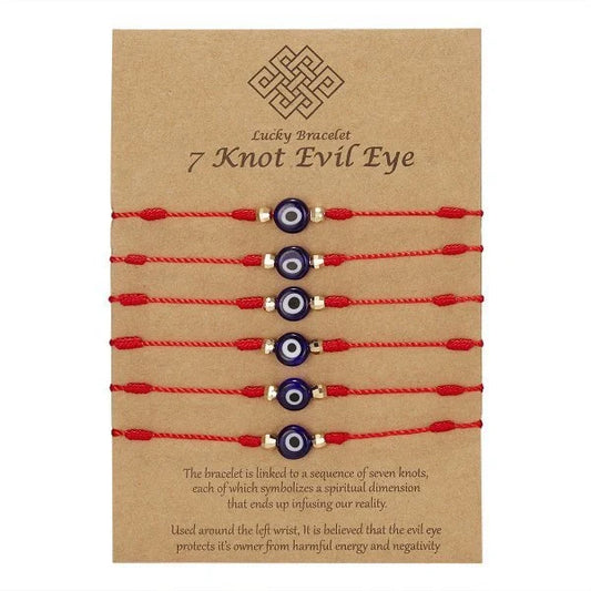 7-knot Evil Eye Bracelet 6 Pack with adjustable braided rope and blue charm