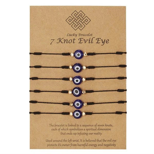 7-knot Evil Eye Bracelet 6 Pack with adjustable braided rope and blue charm