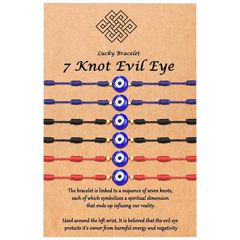 7-knot Evil Eye Bracelet 6 Pack with adjustable braided rope and blue charm