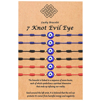 7-knot Evil Eye Bracelet 6 Pack with adjustable braided rope and blue charm