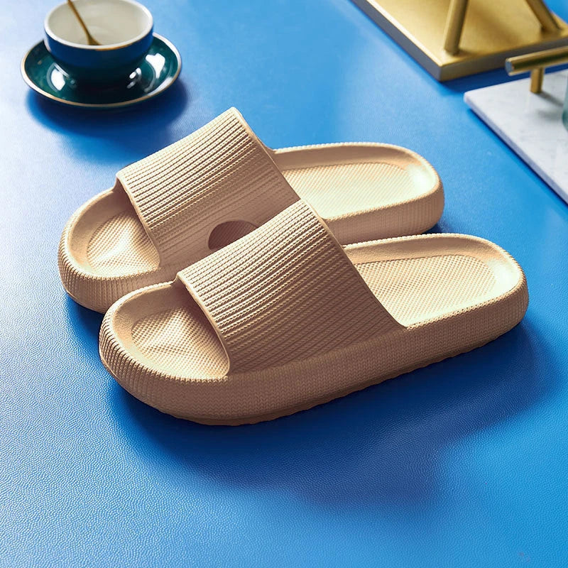 Cozy slip-on slippers in various colors for men and women, featuring soft fabric upper and non-slip EVA soles