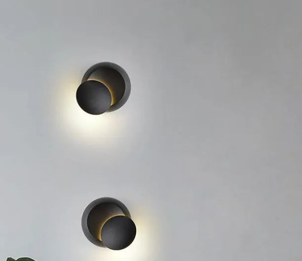 Rotating Lunar Eclipse Wall Lamp Modern Minimalist LED Wall Light for Living Room Balcony Bedside, 220V, Aluminium Shade, Pull Cord Switch, Black or White, White or Warm Light