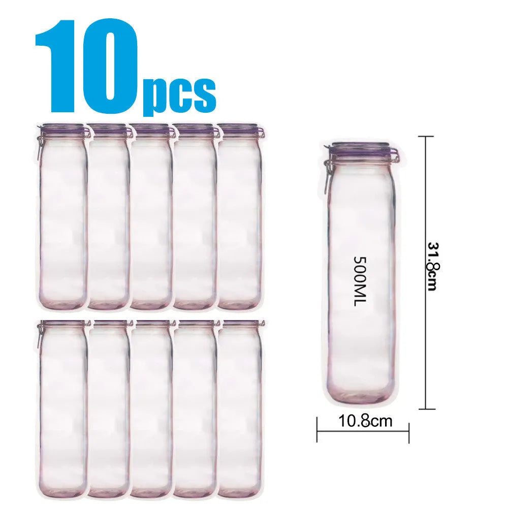 Red reusable self-sealing plastic bag for snacks with zipper closure, shown with biscuits.