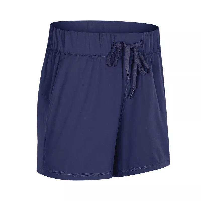 Women's lace wide loose sports shorts in black, ice grey, moss green, and dark blue