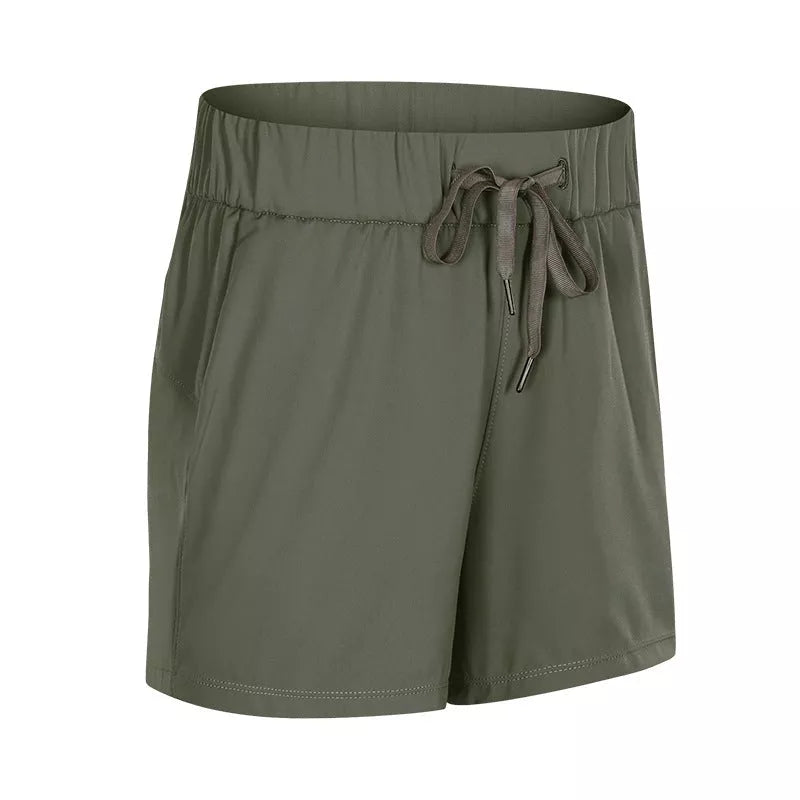 Women's lace wide loose sports shorts in black, ice grey, moss green, and dark blue