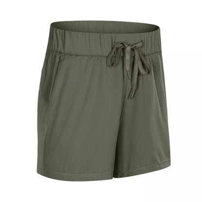 Women's lace wide loose sports shorts in black, ice grey, moss green, and dark blue