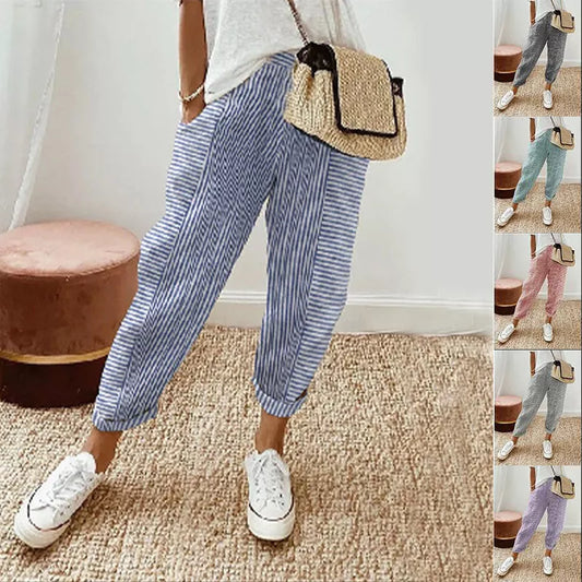 Women's striped casual trousers in lightweight Oxford fabric, available in multiple colours