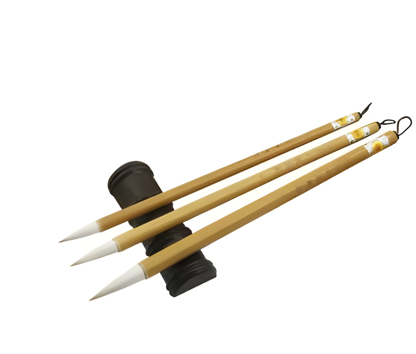 Three traditional Chinese calligraphy brushes with bamboo handles and wool bristles in large, medium, and small sizes.