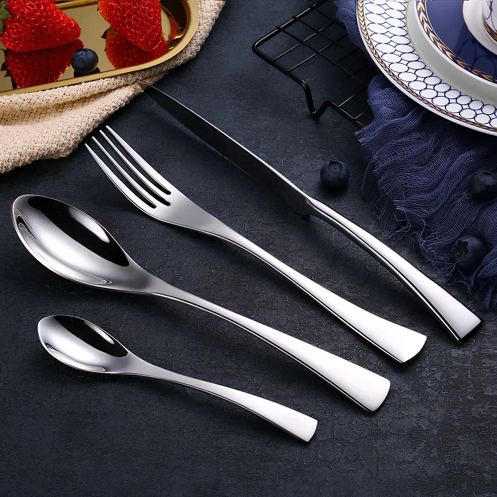Black stainless steel cutlery set with mirror polish finish showing fork, knife, coffee spoon, soup spoon, steak knife