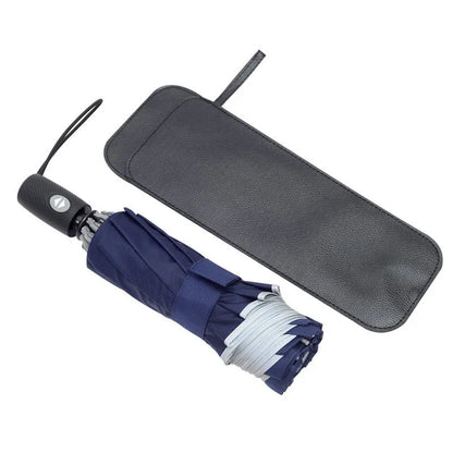 Black automatic reverse umbrella with reflective canopy showing three-fold design and plastic non-slip handle