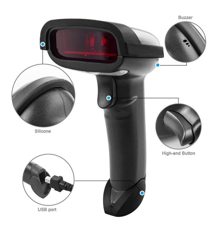 Wireless Laser Barcode Scanner 6900 USB handheld scanner with 200mm/sec scanning rate and 4mil resolution for retail and warehouse inventory management, black colour USB-powered wireless barcode reader