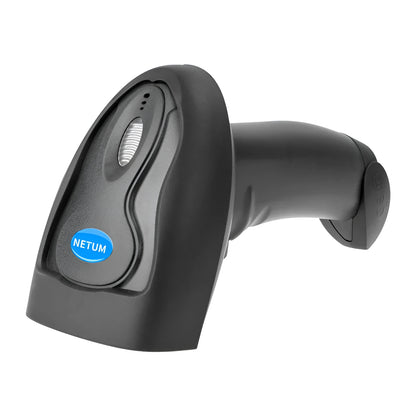 Black wireless handheld laser barcode scanner with USB cable on a desk