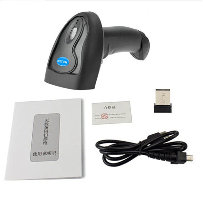 Black wireless handheld laser barcode scanner with USB cable on a desk