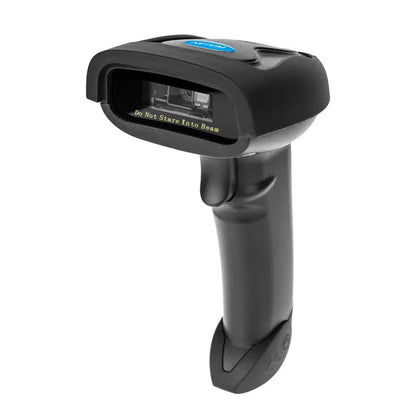Black wireless handheld laser barcode scanner with USB cable on a desk