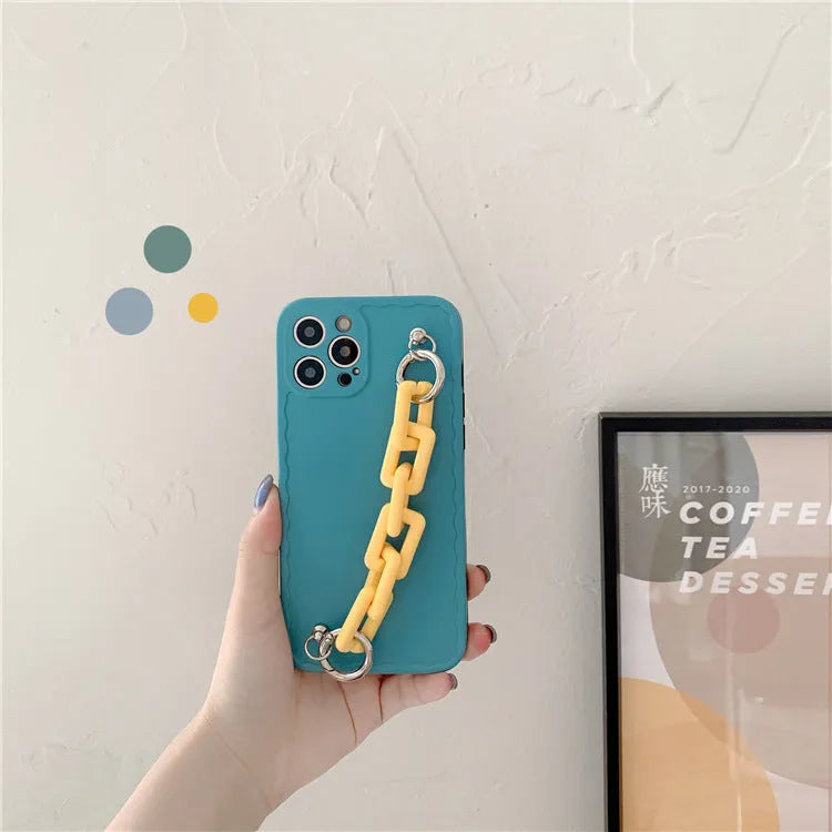 Pink and light blue candy colour mobile phone case with chain for iPhone and Huawei