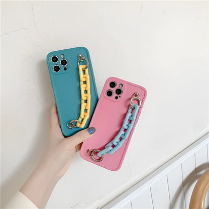 Pink and light blue candy colour mobile phone case with chain for iPhone and Huawei