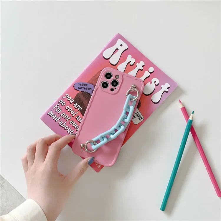 Pink and light blue candy colour mobile phone case with chain for iPhone and Huawei
