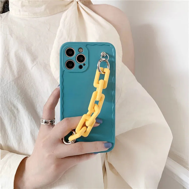 Pink and light blue candy colour mobile phone case with chain for iPhone and Huawei