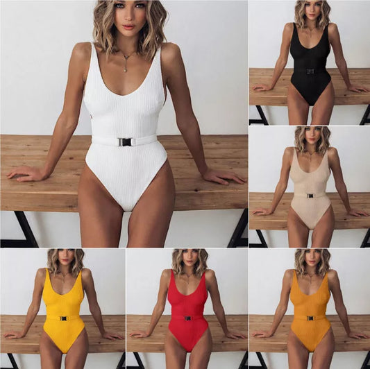 Women's solid colour one-piece swimsuit with belt buckle design in various colours