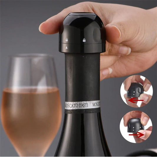 Premium black champagne and wine bottle stoppers with vacuum seal technology to preserve freshness and carbonation